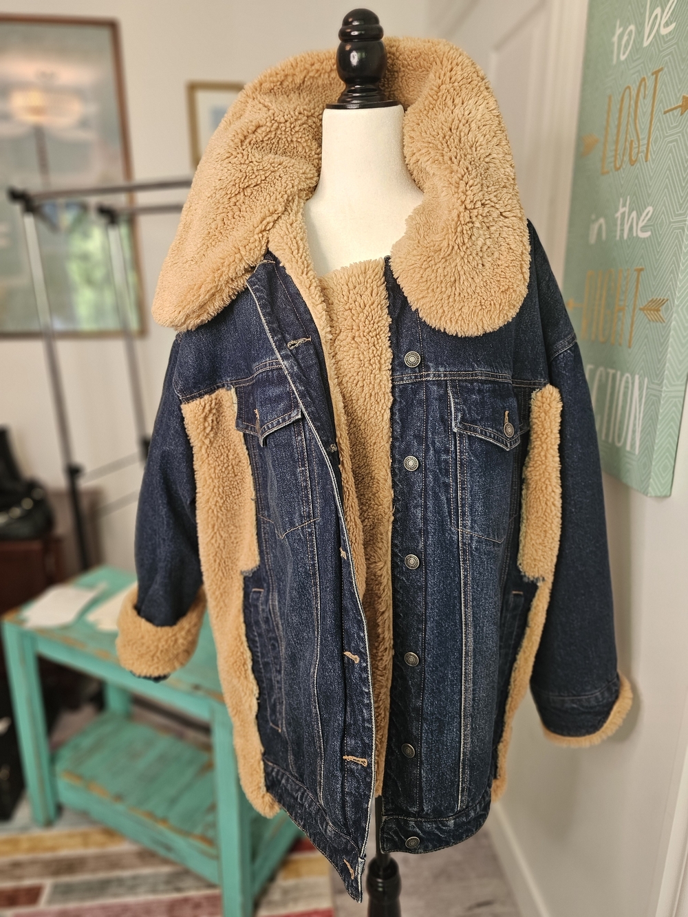 Holly Cozy Denim Sherpa-Lined Jacket in Dark Blue and Tan-Free People
